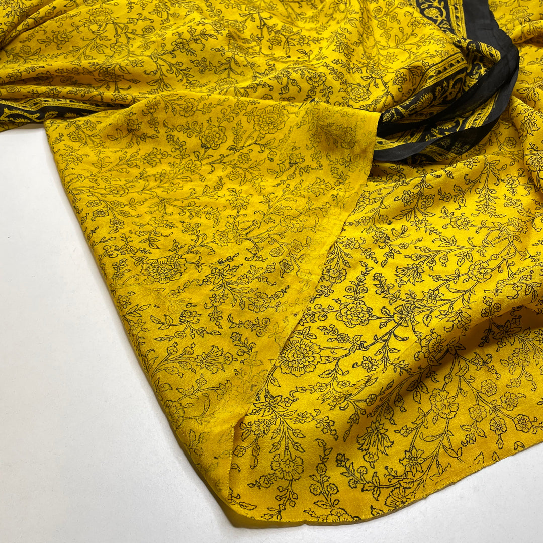 UB - In The Spirit - Sari Crepe Silk Woven - Yellow/Black Floral Border - 5.3M Bundle - FABCYCLE Deadstock and Sustainble Fabrics and Sewing Supplies