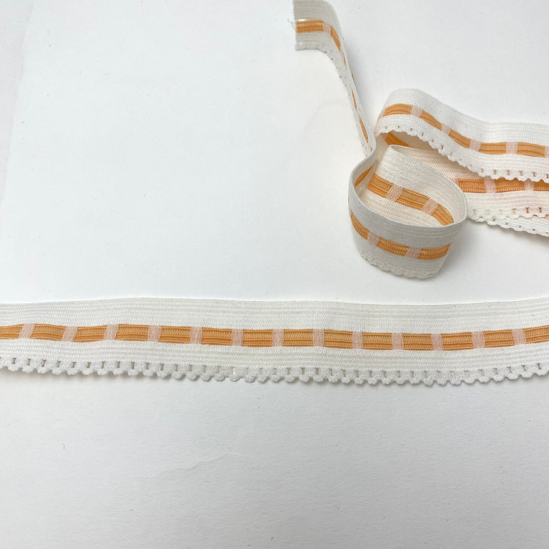 1" Elastic Lace Strap - Stretch - White and Orange - 1.1M Bundle - FABCYCLE Deadstock and Sustainble Fabrics and Sewing Supplies (6560586399857)