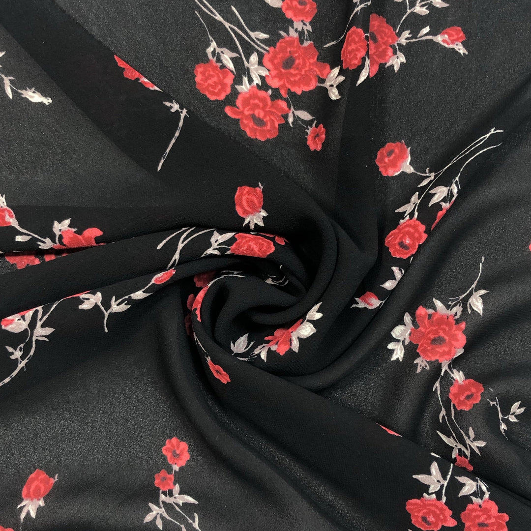 Flamenco Floral - Polyester Chiffon Woven - Red / White / Black - 1/2 Meter - FABCYCLE Deadstock and Sustainble Fabrics and Sewing Supplies (4621308526705)