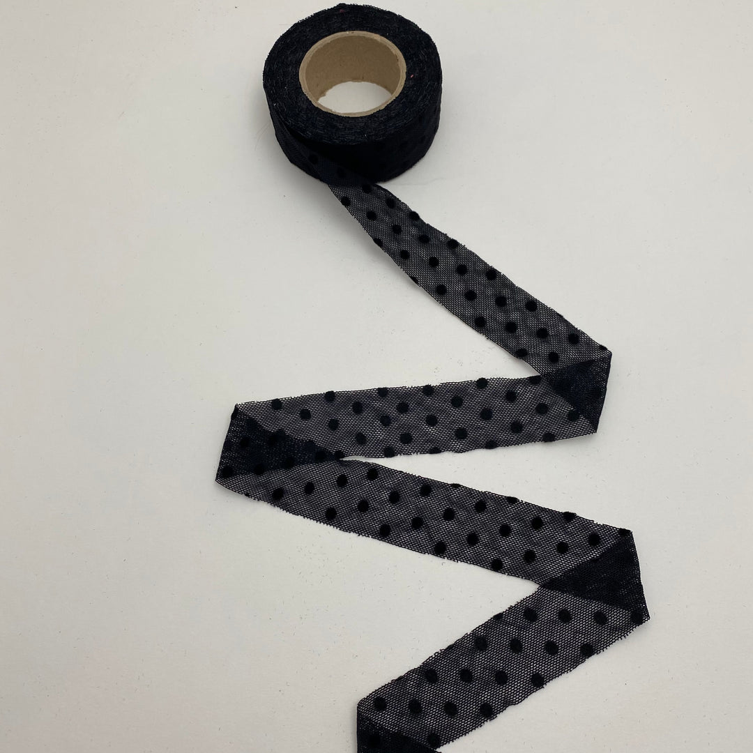 1" Bias Tape - Mesh Lace - Black Polka Dot - Per Metre - FABCYCLE Deadstock and Sustainble Fabrics and Sewing Supplies (6539835703409)