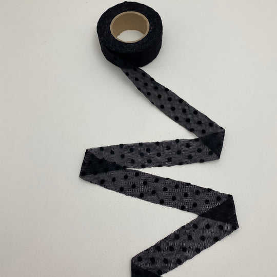 1" Bias Tape - Mesh Lace - Black Polka Dot - Per Metre - FABCYCLE Deadstock and Sustainble Fabrics and Sewing Supplies (6539835703409)
