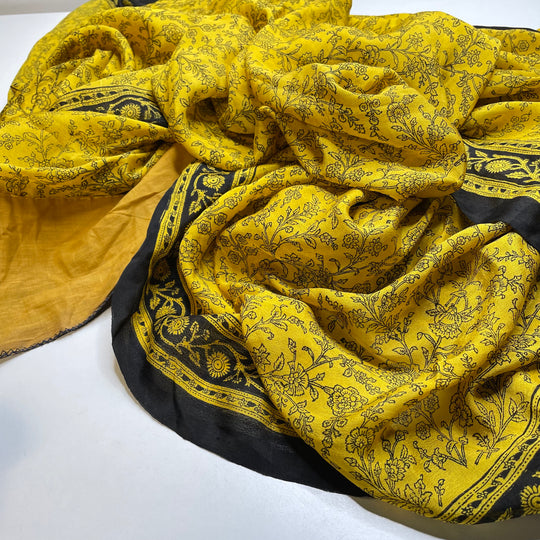 UB - In The Spirit - Sari Crepe Silk Woven - Yellow/Black Floral Border - 5.3M Bundle - FABCYCLE Deadstock and Sustainble Fabrics and Sewing Supplies