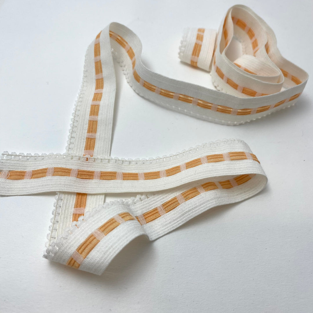 1" Elastic Lace Strap - Stretch - White and Orange - 1.1M Bundle - FABCYCLE Deadstock and Sustainble Fabrics and Sewing Supplies (6560586399857)