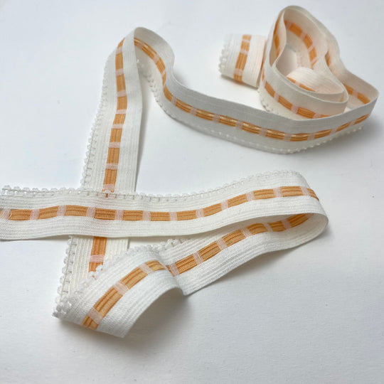 1" Elastic Lace Strap - Stretch - White and Orange - 1.1M Bundle - FABCYCLE Deadstock and Sustainble Fabrics and Sewing Supplies (6560586399857)