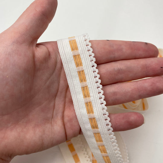 1" Elastic Lace Strap - Stretch - White and Orange - 1.1M Bundle - FABCYCLE Deadstock and Sustainble Fabrics and Sewing Supplies (6560586399857)