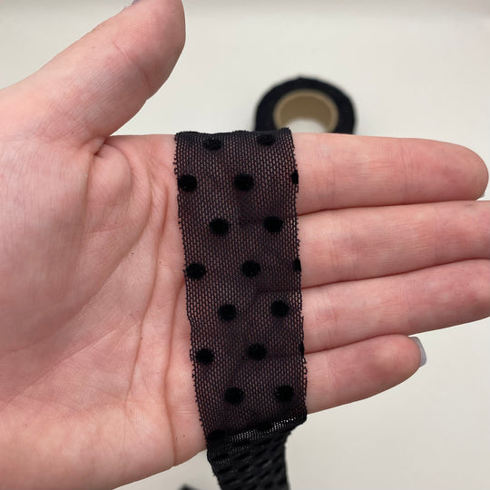1" Bias Tape - Mesh Lace - Black Polka Dot - Per Metre - FABCYCLE Deadstock and Sustainble Fabrics and Sewing Supplies (6539835703409)