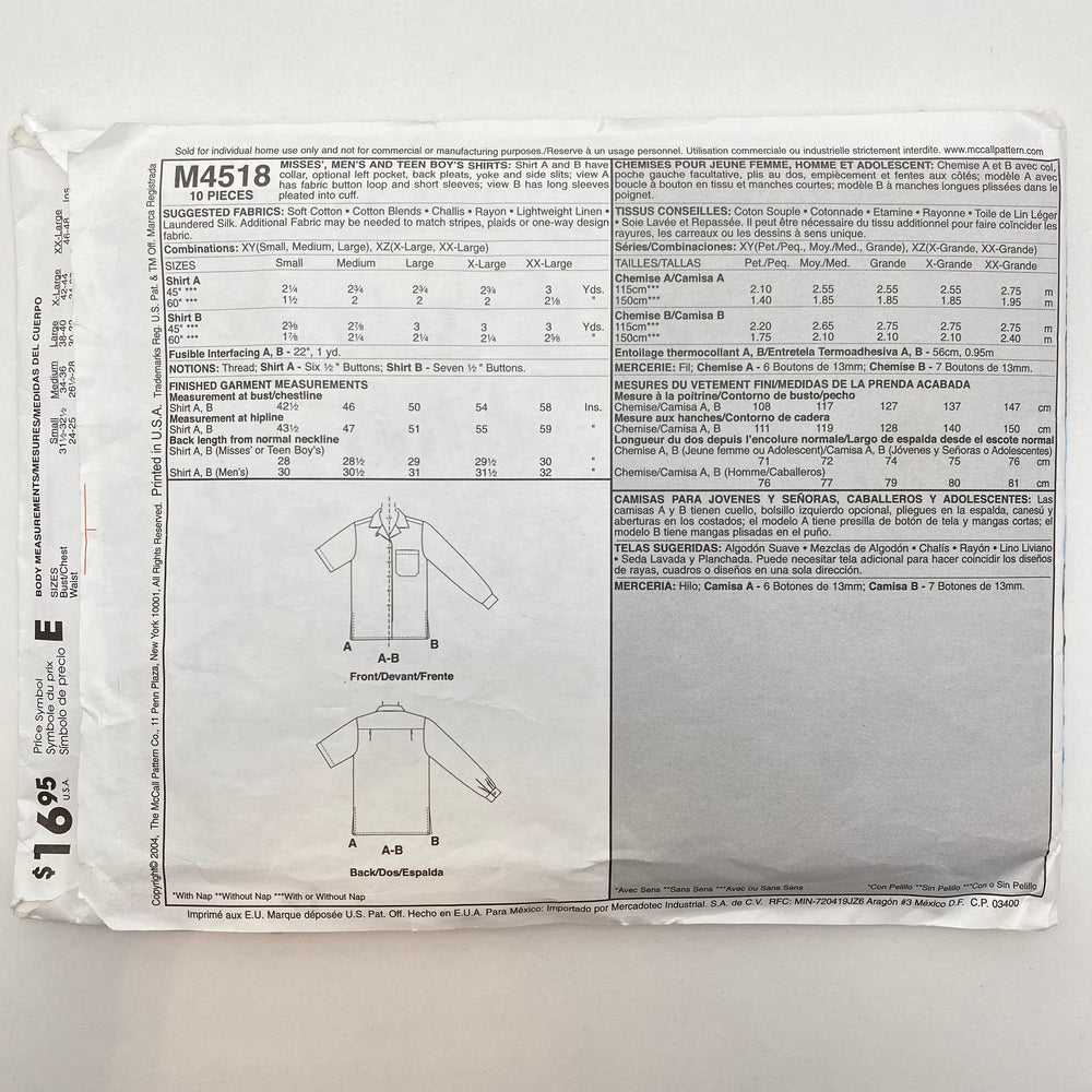 Sewing Pattern - Unisex - McCall’s M4518 - FABCYCLE Deadstock and Sustainble Fabrics and Sewing Supplies (6555719598193)